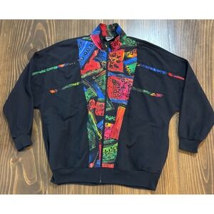 BONWORTH Womens Medium Black Colorful Patchwork Zip Front Jacket Vintage
